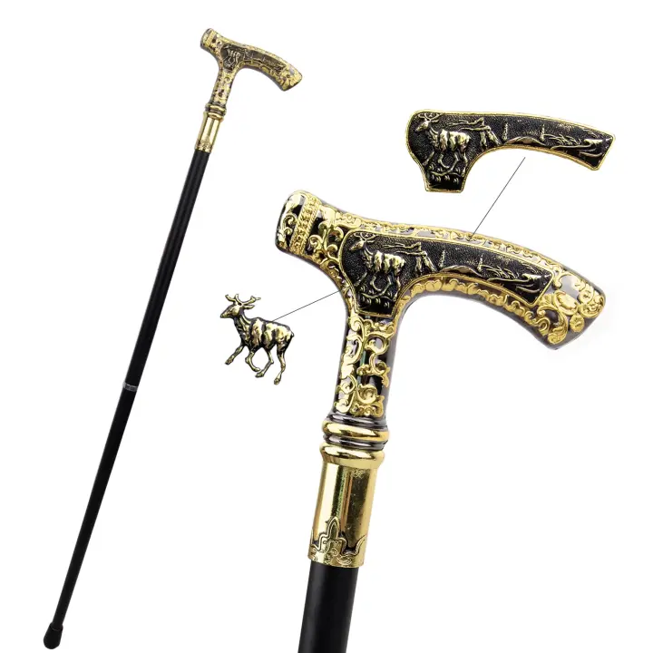 Bastón De Moda Elegante De 90cm Con Manija De Ciervo Dorado Y Negro Decoración De Cosplay Para Hombres Accesorio De Calzado Y Ropa - 1