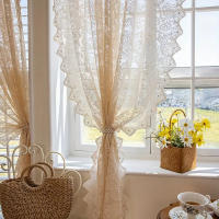 Cortina De Encaje Beige Con Perlas Francesas Estilo Princesa Para Decoración De Ventanas Puertas Y Balcones De Dormitorio Y Sala De Estar Sin Necesidad De Perchas - details 5
