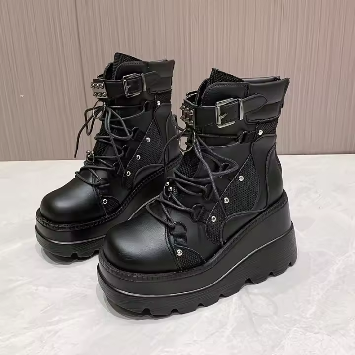 Botas De Mujer 2024 Otoño Botas De Tobillo Con Plataforma Y Tacón Alto Diseño De Moda Zip Cosplay Zapatos Para Mujer Botas Cortas De PU Con Cierre De Lazo - 1