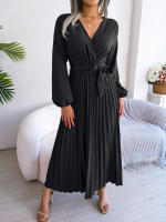 Vestido Largo De Mujer Primavera Verano V-Neck Color Sólido Plisado A-Line Cuello Grande Estilo Casual Largo Hasta El Tobillo - details 22