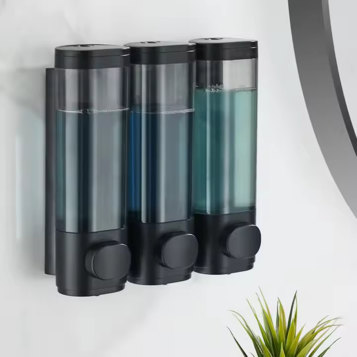 Dispensador de champú y acondicionador, dispensador de ducha de 3 cámaras, sin taladro, para ducha, dispensador de gel de baño montado en la pared para baño, gran capacidad, negro - 1