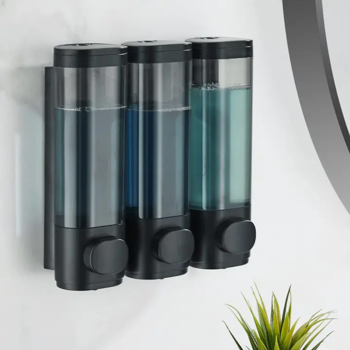 Dispensador de champú y acondicionador, dispensador de ducha de 3 cámaras, sin taladro, para ducha, dispensador de gel de baño montado en la pared para baño, gran capacidad, negro - 1