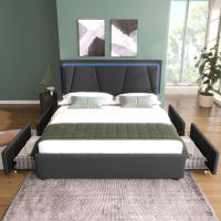 Cama de almacenamiento Marco de Cama, base de listones de Madera, gris (sin pecho) Cama tapizada with iluminación LED Y 4, cabecera ajustable en Altura, Cama Doble 160x200cm - details 0