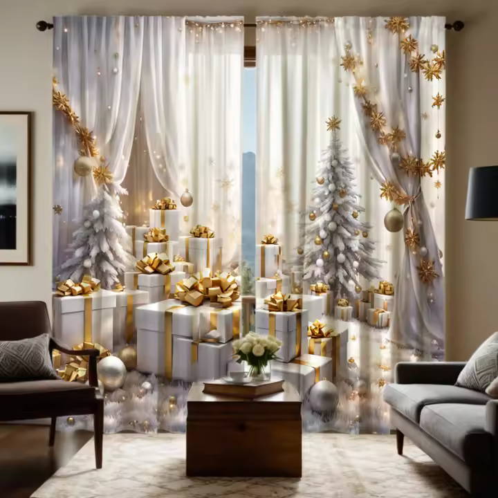 2pcs Cortinas De Lujo Estilo Dorado Soporte Digital HD Color Blanco Decoración De Hogar Para Sala De Estar Y Dormitorio - 1
