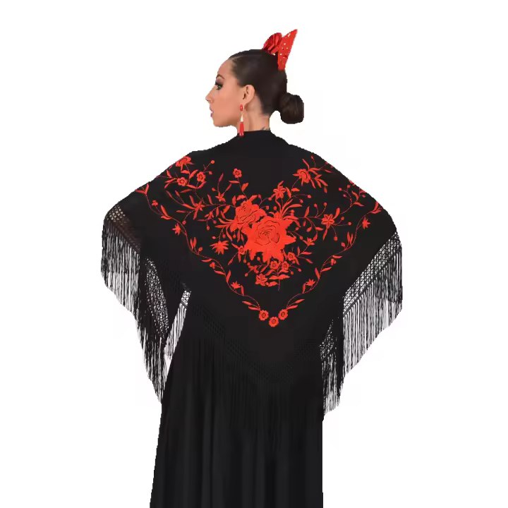 Mantón Mediano Negro con Bordado Rojo - 1