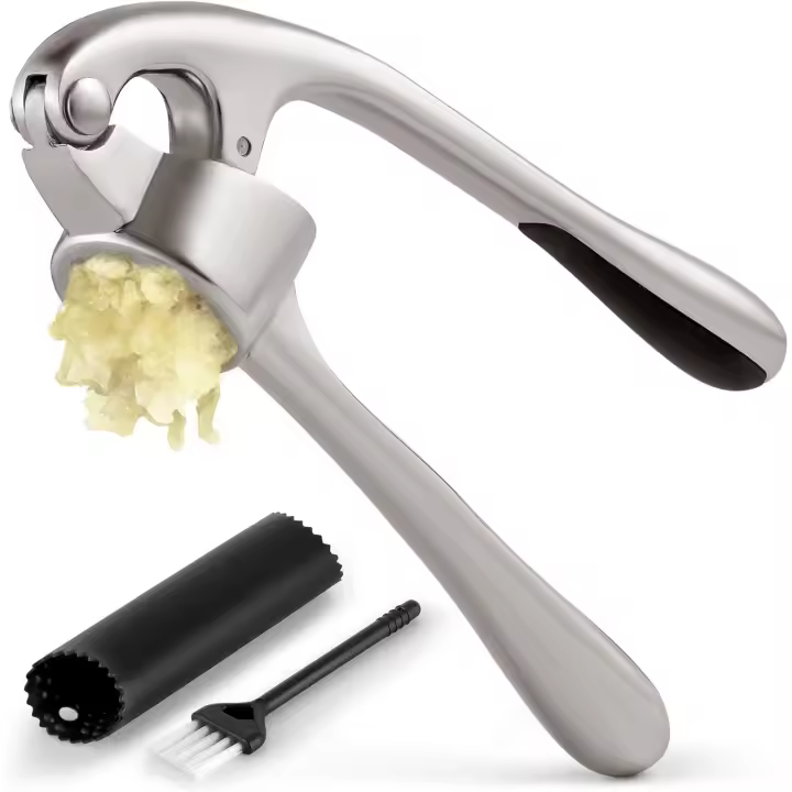 Prensa de ajo: incluye pelador de ajo de silicona y cepillo de limpieza, 3 piezas, trituradora de ajo resistente y fácil de limpiar (plateada) - 1
