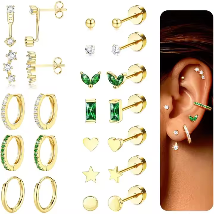12 Pares Pendientes Arce Quirúrgico, Piercing Arce Quirúrgico Brincos Aço Inoxidante Hipoalergénico Pendientes Antialergicos Pendientes Mujer Dorados Plate Tono Dorado - 1
