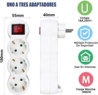 3 en 1 Adaptador Plano con Interruptor y Tres Enchufes Schuko, hasta 3680W, 16A, 250V, Blanco.EXTRASTAR - details 0