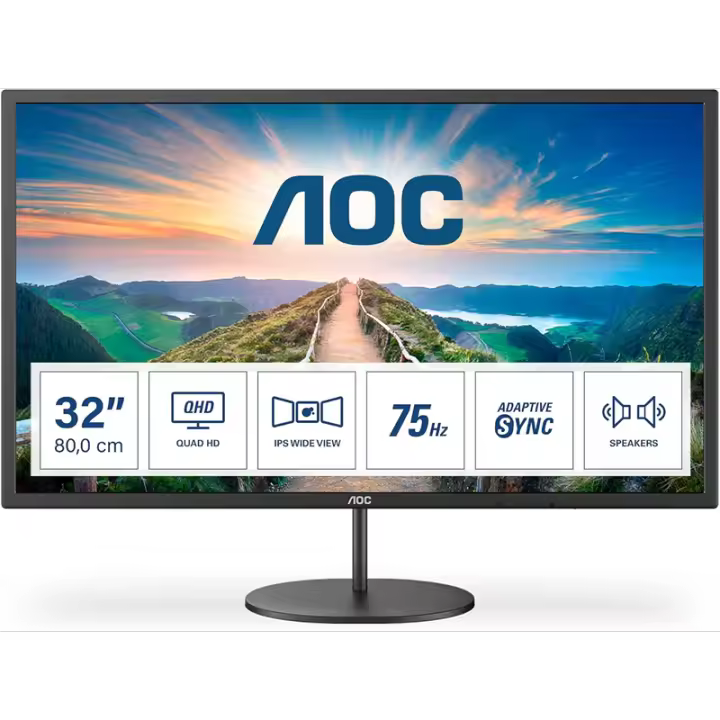Monitor AOC Q32V4 QHD de 32", AdaptiveSync (2560 x 1440, 75 Hz, HDMI, DisplayPort), Color Negro - 1