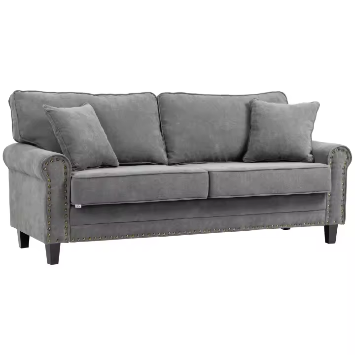 HOMCOM Sofá de 3 Plazas Sofá de Salón Moderno Tapizado en Poliéster con 2 Cojines Ribete de Cabeza de Clavo y Patas de Madera 196x80,5x89 cm Gris - 1