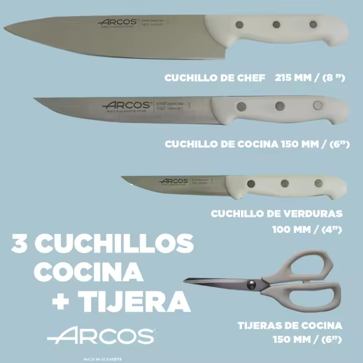 Arcos Juego Cuchillos - 3 Cuchillos Cocina Arcos con Tijera de cocina - Acero Inoxidable Nitrum - Cuchillos Arcos Maitre  Negro  Cuchillo Patatero + Cuchillo Verduras + Cuchillo Cocinero + Tijeras Cocina  Set Cuchillos - 1