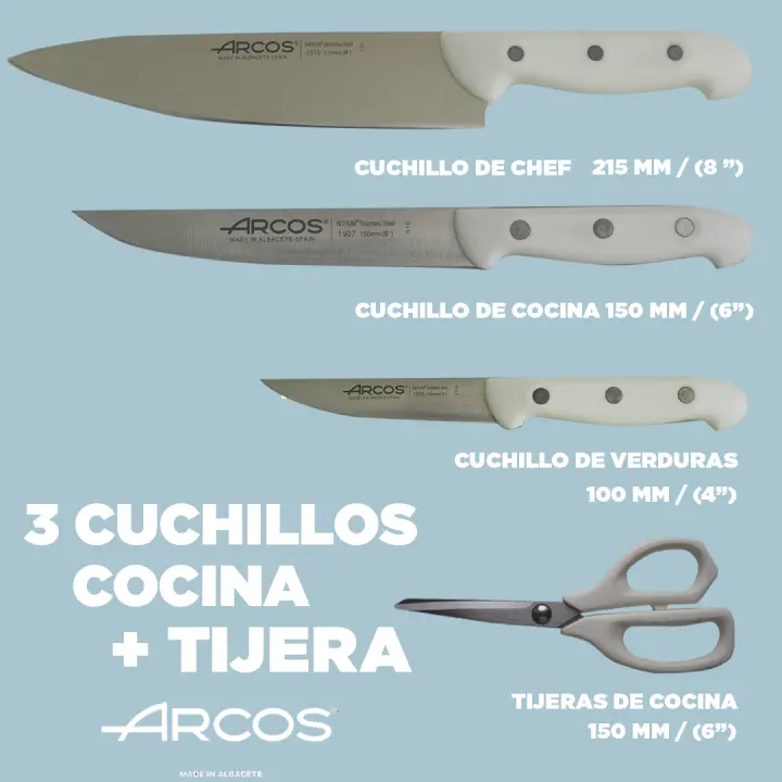 Arcos Juego Cuchillos - 3 Cuchillos Cocina Arcos con Tijera de cocina - Acero Inoxidable Nitrum - Cuchillos Arcos Maitre  Negro  Cuchillo Patatero + Cuchillo Verduras + Cuchillo Cocinero + Tijeras Cocina  Set Cuchillos - 1