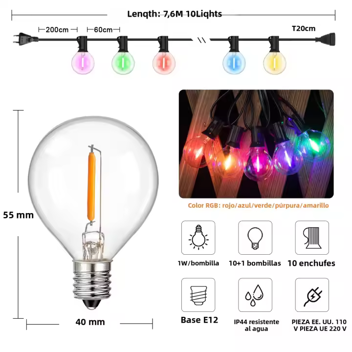 Cadena De Luces RGB 50FT Impermeable G40 Para Jardín Decoración De Navidad Colores Conectables Luces Colgantes Para Exterior - 1