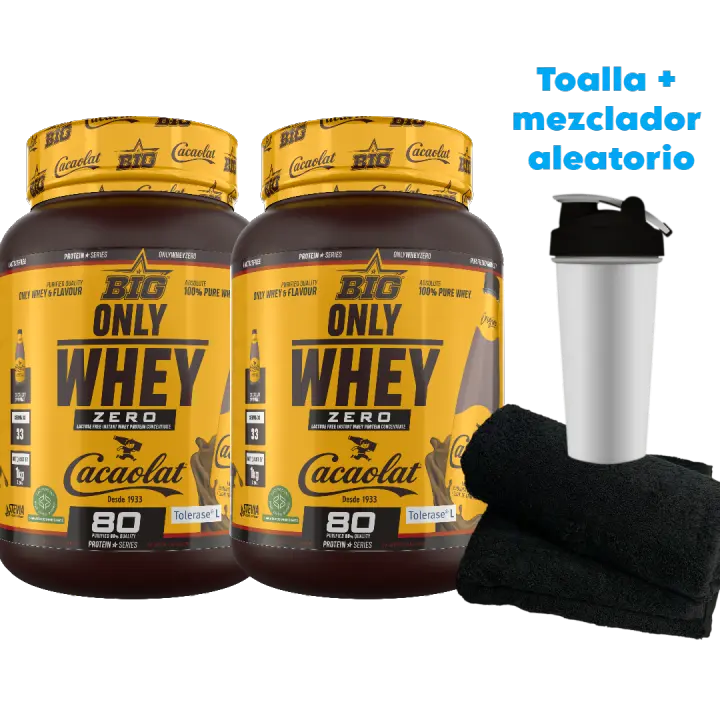 2X ONLY WHEY ZERO (2X1KG)  Cacaolat - Big + toalla y mezclador / Baja en lactosa  Baja en azúcares  Calidad garantizada  Deliciosa  Nutritiva - 1