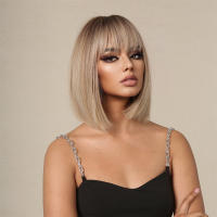Pelucas Sintéticas Ombre Marrón Claro Para Mujeres Cortas Rectas Bob Con Bangs Peluca Química Resistente Para Cosplay Y Uso Diario Textura Natural Capa Promedio Densidad 130% - details 0