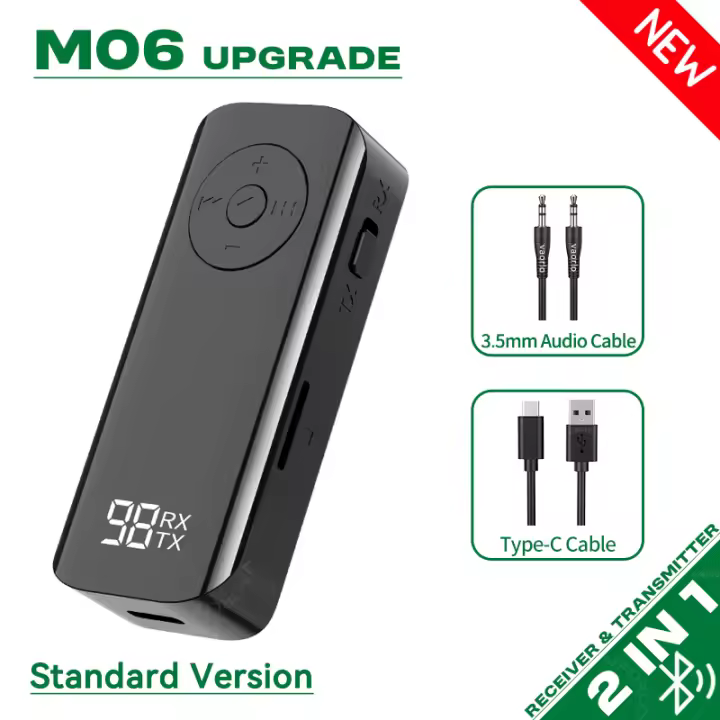 Receptor y transmisor de Audio con Bluetooth 5,3, soporte auxiliar de 3,5 MM, reproducción de tarjeta TF, micrófono, Clip de cuello, Adaptador inalámbrico para coche, avión, TV y PC - 1