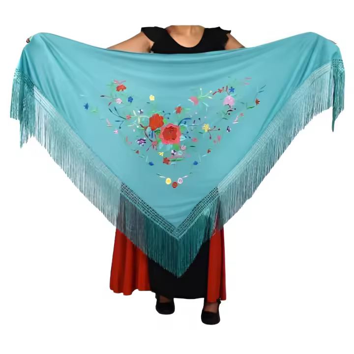 ANUKA Mantón Turquesa Grande Mujer Bordado Rosas Flecos Baile Danza Cultura Flamenca - 1