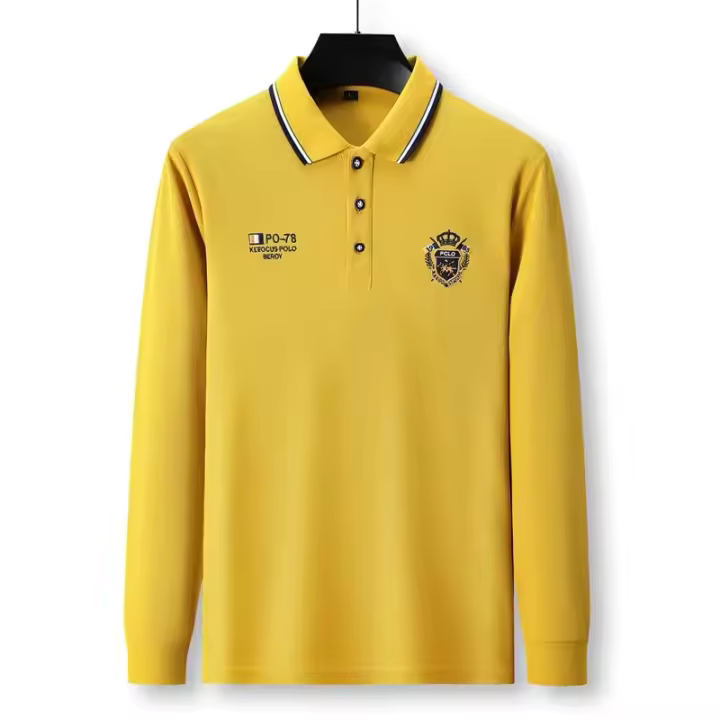 Camisa Polo Casual Para Hombres Con Bordado Manga Larga Color Sólido Moda Top Antigüedad Verano Blusa Regular De Algodónmezcla - 1
