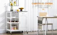 Carro de Cocina con Ruedas Carrito de Servicio con 1 Cajón Estantes Extraíbles Botellero para 4 Botellas y Armario para Comedor Salón Carga 40 kg 76x48x88 cm, Madera de ingeniería, Blanco - details 0