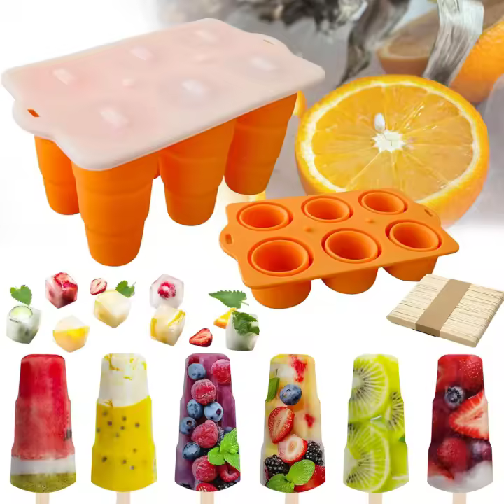 Moldes para paletas de hielo, 6 moldes de silicona para paletas de hielo, sin BPA, color naranja - 1