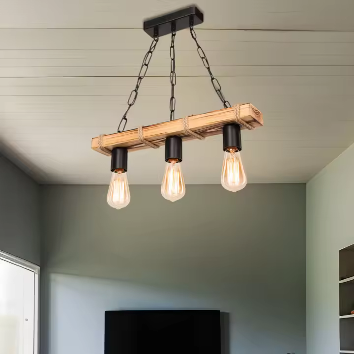 Lámpara colgante Hemel 3 x E27 20 W metal/madera 50 x 60 cm negro / madera / yute [lux.pro] - 1