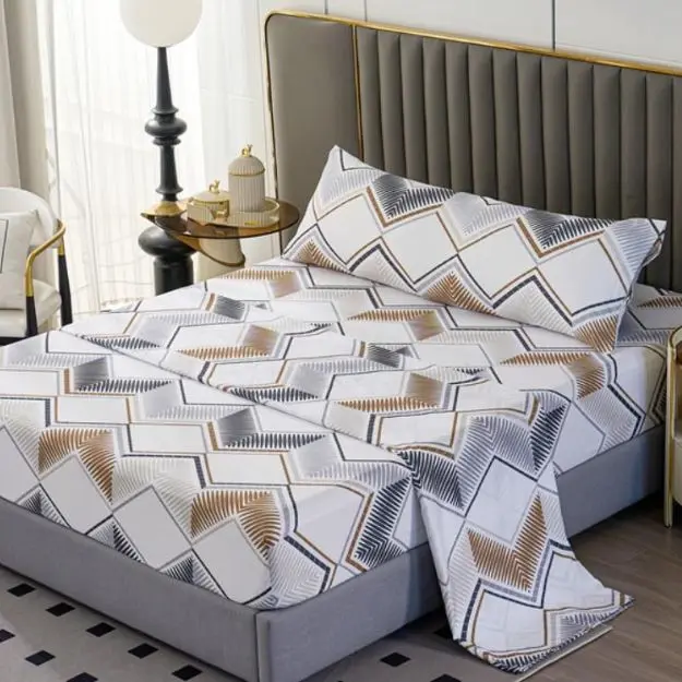 Juego de Cama 3 Piezas con Diseño Geométrico Discreto - Combinación Moderna de Formas Minimalistas | Incluye Cubrecama + Sábana Elástica 360° + Funda de Almohada | Tallas: 90cm (Individual), 105cm (Matrimonio), 135cm (Queen), 150cm (King) | - 1