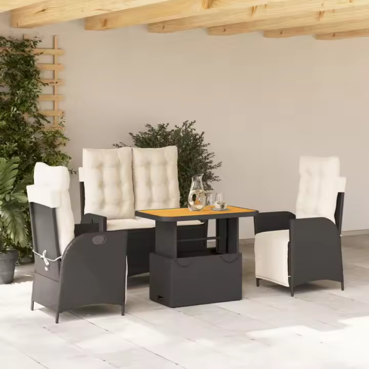 vidaXL Juego comedor jardín 4 piezas con cojines ratán sintético negro - 1