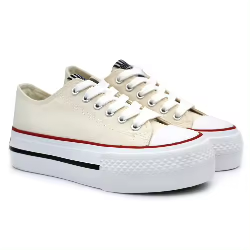 Zapatillas lona blanca doble suela B&W 527061 en beige con cordones - 1