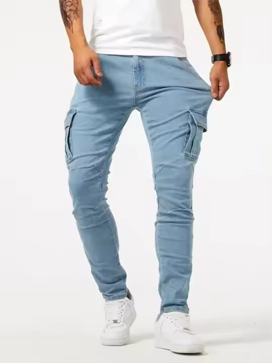 Pantalones De Mezclilla Ajustados Para Hombre Estilo Calleje Con Múltiples Bolsillos Y Cierre De Cremallera Jeans De Color Sólido Casual Para Uso Diario - 1