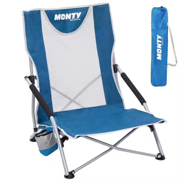 Silla playa y camping, plegable cierre tijera, estructura acero pintura Epoxi anticorrosión, y tejido Oxford 600 D azul, respaldo malla transpirable, portavasos , bolsa transporte y reposabrazos - 1