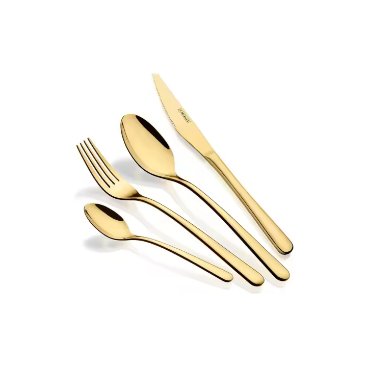 Monix Pisa- Set de 24 cubiertos dorados. Juego con cuchillo chuletero acero inoxidable acabado pulido brillante, espesor 3 mm - 1