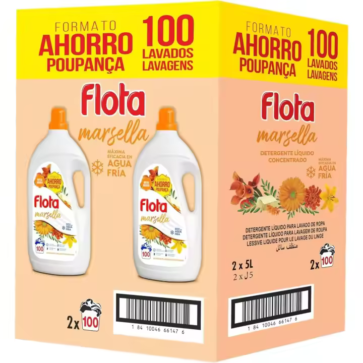 FLOTA  Detergente Fragancia Marsella  2X100 Lavados  Formato Familiar Líquido Quitamanchas incluso en Agua Fría para Lavadora Ropa Blanca y de Color - 1