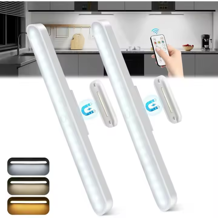 Luces para debajo de los armarios de cocina, paquete de 2 luces táctiles regulables recargables por USB-C de 2500 mAh, luces para armario de 3 colores con control remoto y soporte magnético para lectura, armario, gabinete, espejo, pared - 1