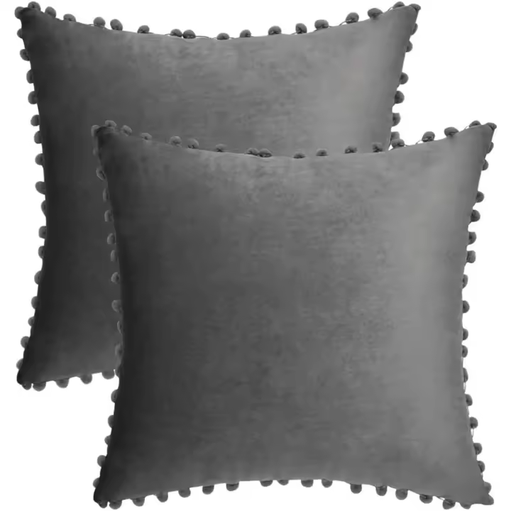 Verde Fundas de Almohada de Terciopelo Gris con Pompones 18x18, Juego de 2 - 1