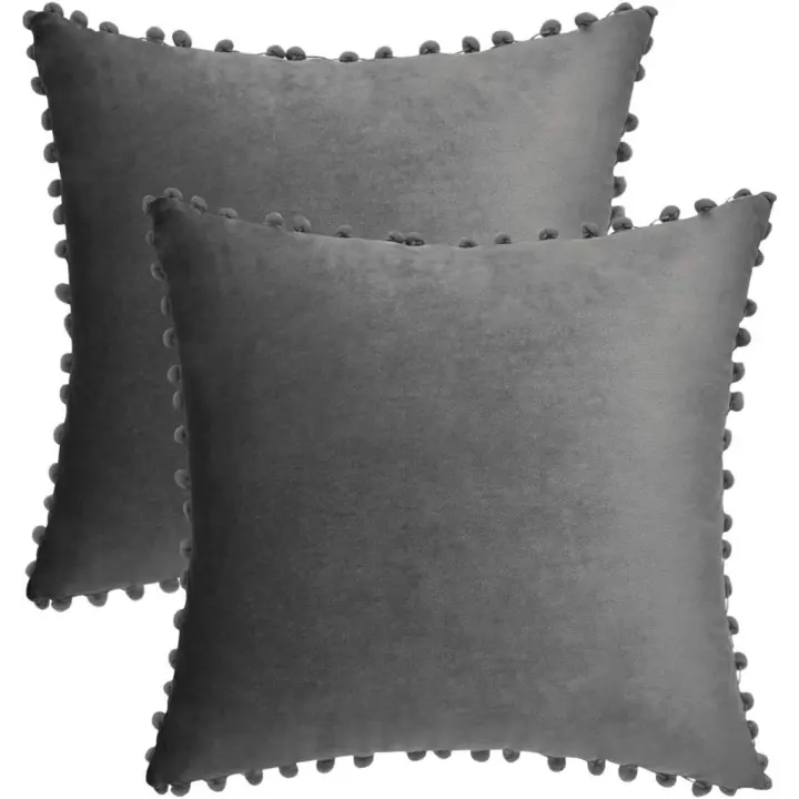 Verde Fundas de Almohada de Terciopelo Gris con Pompones 18x18, Juego de 2 - 1