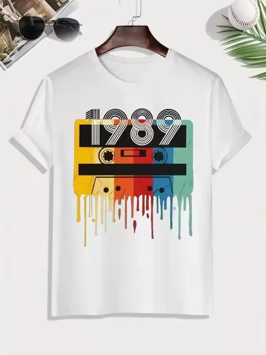 Camiseta Hombre Retro 1989 Con Estampado De Cinta Creativa Manga Corta Cuello Redondo Casual Transpirable Ligera Para Verano - 1