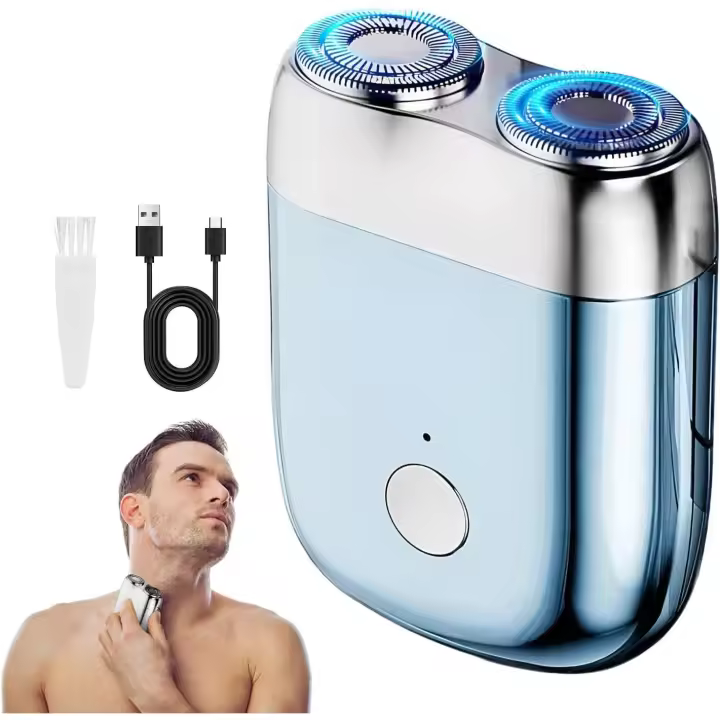 Mini afeitadora eléctrica de doble cabezal, modelo 2025, afeitadora de bolsillo con USB para hombres, lavable, recargable, resistente al agua (azul-B) - 1