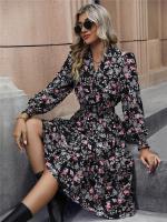 Vestido Casual De Mujer Con Estampado Floral Cuello V Manga Larga A-Line Longitud De Rodilla Cintura Alta Primavera Otoño Invierno - details 1