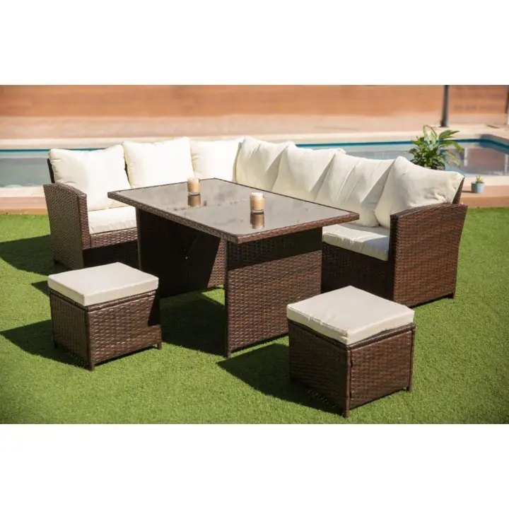 Sofa Rinconera + Mesa + 2 puffs de Ratan PE. Muebles de Jardin y Terraza     Saldos y Stocks - 1