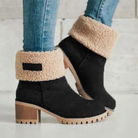 Botas De Mujer De Terciopelo Cómodo Y Caliente Con Tacón Cuadrado Y Punta Redonda Color Sólido Moda Invierno Botines De Tacón Bajo - details 8