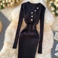 Vestido Bodycon Elegante De Mujer REALEFT Otoño Invierno 2024 Con Cinturón Y Botones De Manga Larga Estilo Casual Longitud Pierna - details 21