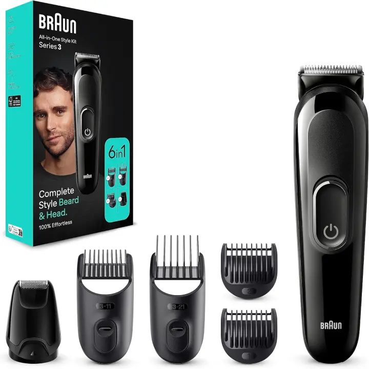 Braun Set de afeitado corporal todo en uno para el cuidado de la barba, recortadora de barba 6 en 1, recortadora/cortapelos para hombre, cortaúñas, accesorios para peinar, 50 minutos Wireless Runtime, Gift Man, MGK3410 - 1