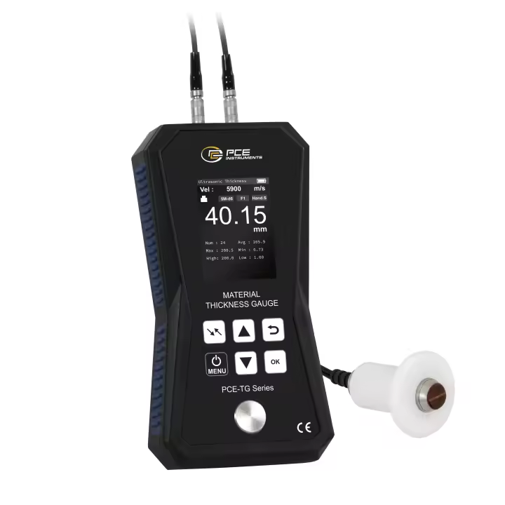 Espesímetro con memoria / Sonda de alta temperatura hasta 350 ºC / Ajuste de la velocidad de ultrasonido / Estándar de calibración integrado en la carcasa / Rango de medición hasta 300 mm / Alarma de valores límite / PCE Instruments - 1