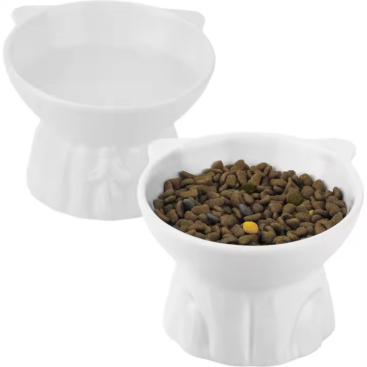 Cuencos elevados de cerámica para gatos, 2 cuencos elevados extra anchos, cuencos antivómito, aptos para microondas y lavavajillas (blancos) - 1