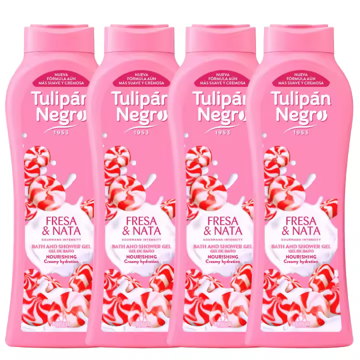 Pack de 4 geles de ducha tulipán negro - gel de baño tulipán negro fresa y crema 650 ml - aroma dulce y cremoso, hidratación y suavidad para el cuidado diario, fragancia irresistible que aporta elasticidad y nutrición - 1