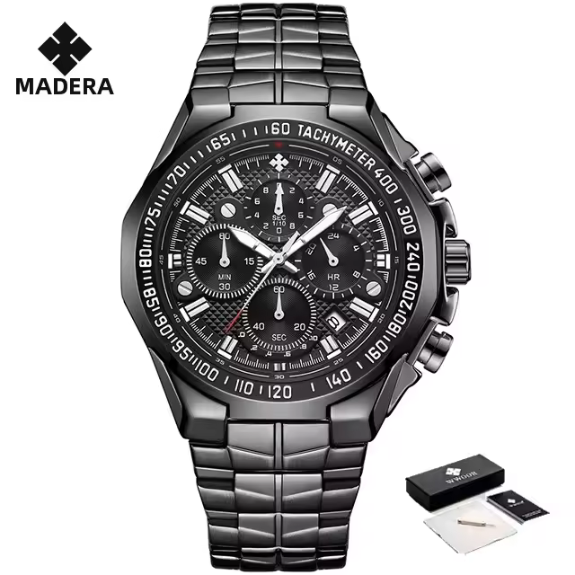 Reloj De Pulsera Deportivo De Lujo Para Hombre WWOOR 2024 Marca Top En Negro Acero Inoxidable Cronógrafo Cuarzo Reloj Masculino Con Luz Luminosa Resistente Al Agua Y Shock - 1