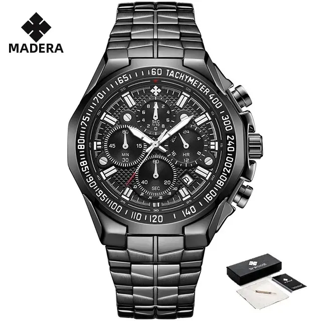 Reloj De Pulsera Deportivo De Lujo Para Hombre WWOOR 2024 Marca Top En Negro Acero Inoxidable Cronógrafo Cuarzo Reloj Masculino Con Luz Luminosa Resistente Al Agua Y Shock - 1
