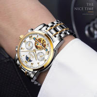 Reloj De Pulsera Automático Para Hombre OLEVS 6617 Lujo Esqueleto Hueco Flywheel Calendario Resistente Al Agua Fase Lunar Acero Inoxidable Romano - details 7