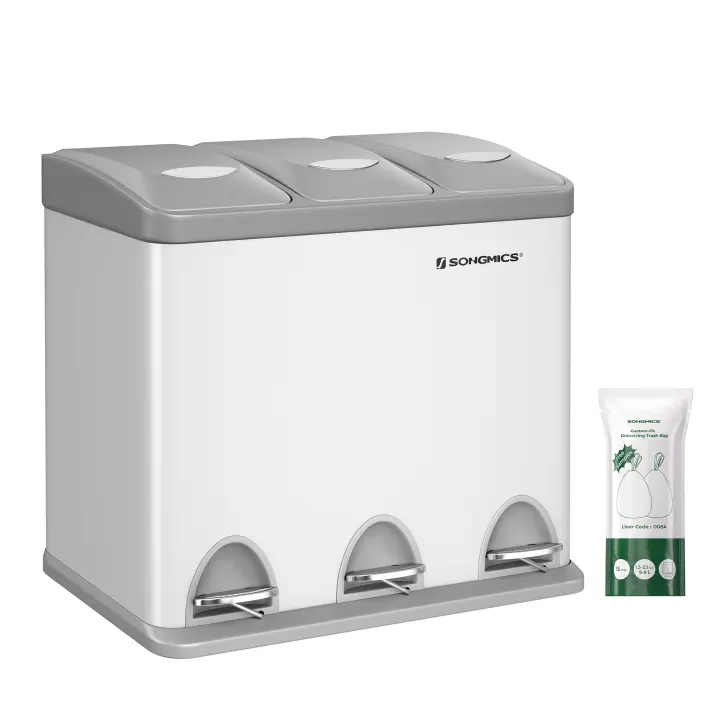 SONGMICS - Papelera de cocina, 3 x 8 L, con tapas, basura triple de acero para pequeñas familias, pedales y cuartos, fácil de limpiar, Plata y Negro/Blanco Crema y Marrón/Blanco Crema y Marrón/Negro/Blanco y Gris - 1