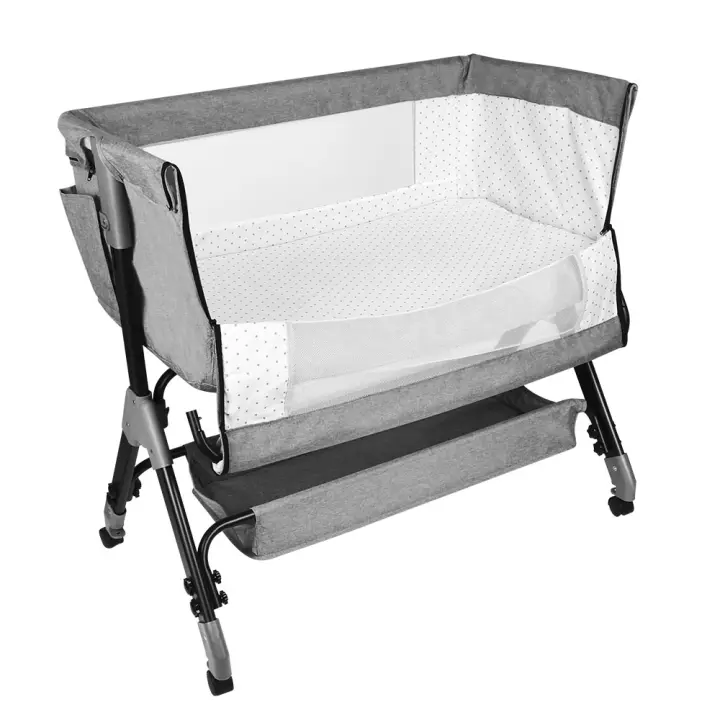 Cama lateral para cuna con ajuste de altura en 4 niveles y estante, colchón - 1